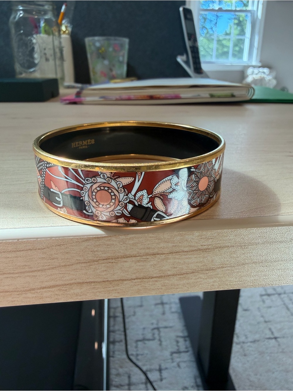 Hermes Orange Floral and Black Enamel Cuff with Gold Trim
